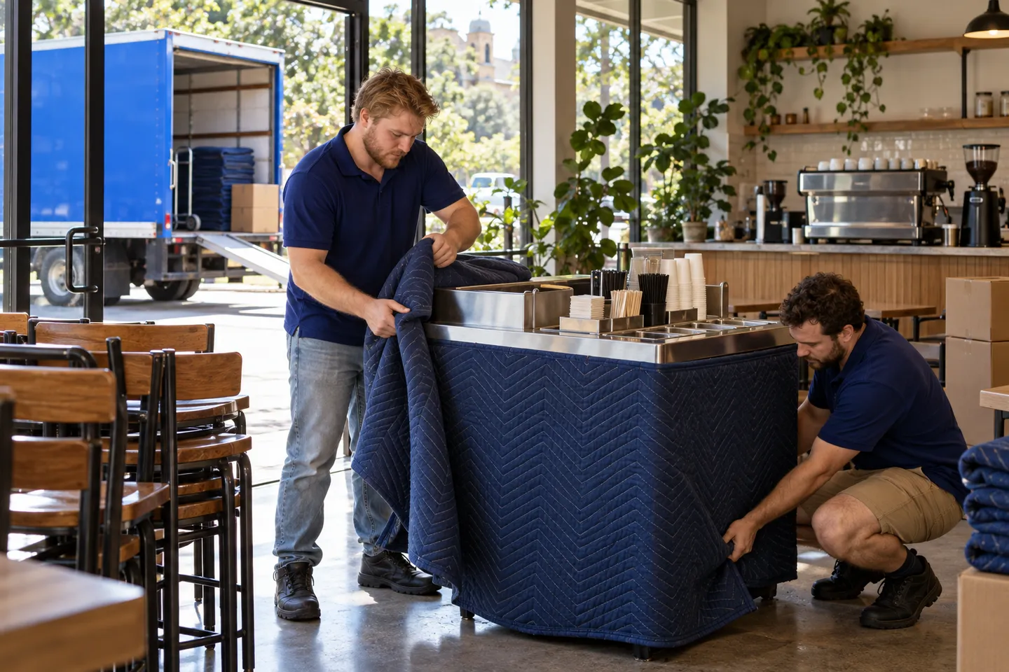 Coffee Shop moving in San Antonio: moving crew at work