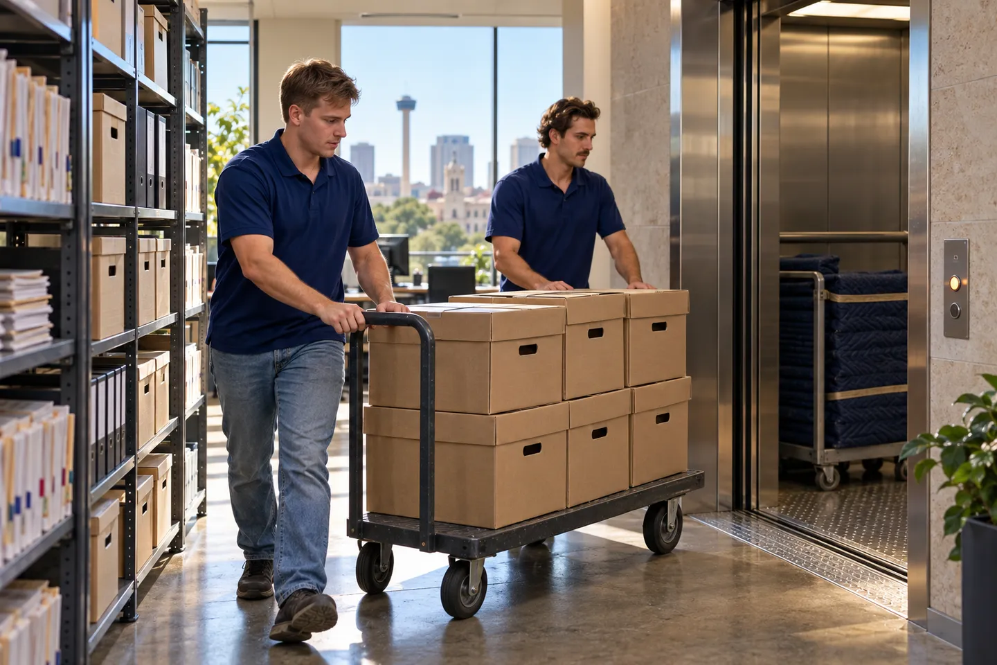 Movers rolling carts of banker boxes toward a freight elevator in a San Antonio office tower