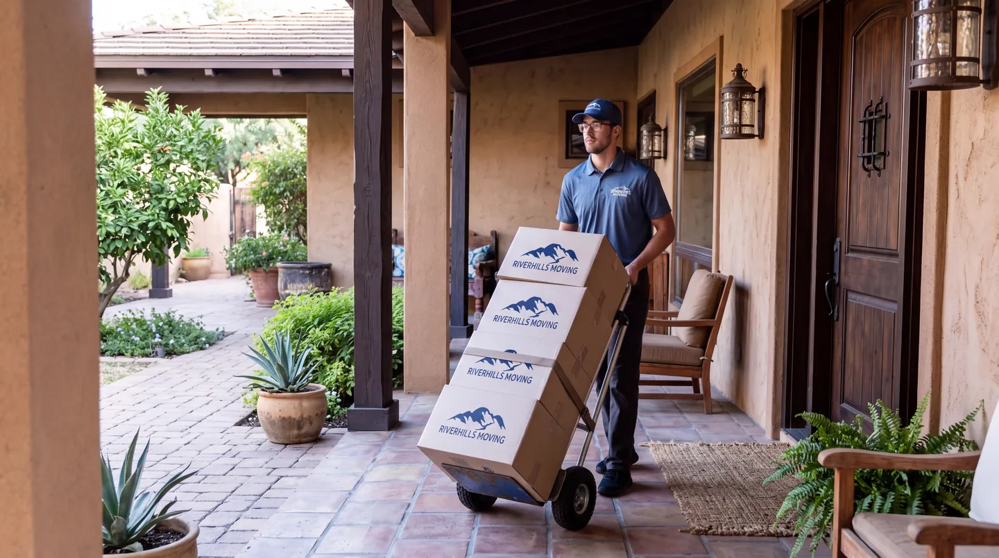 RiverHills Moving delivering labeled boxes to a home's front porch