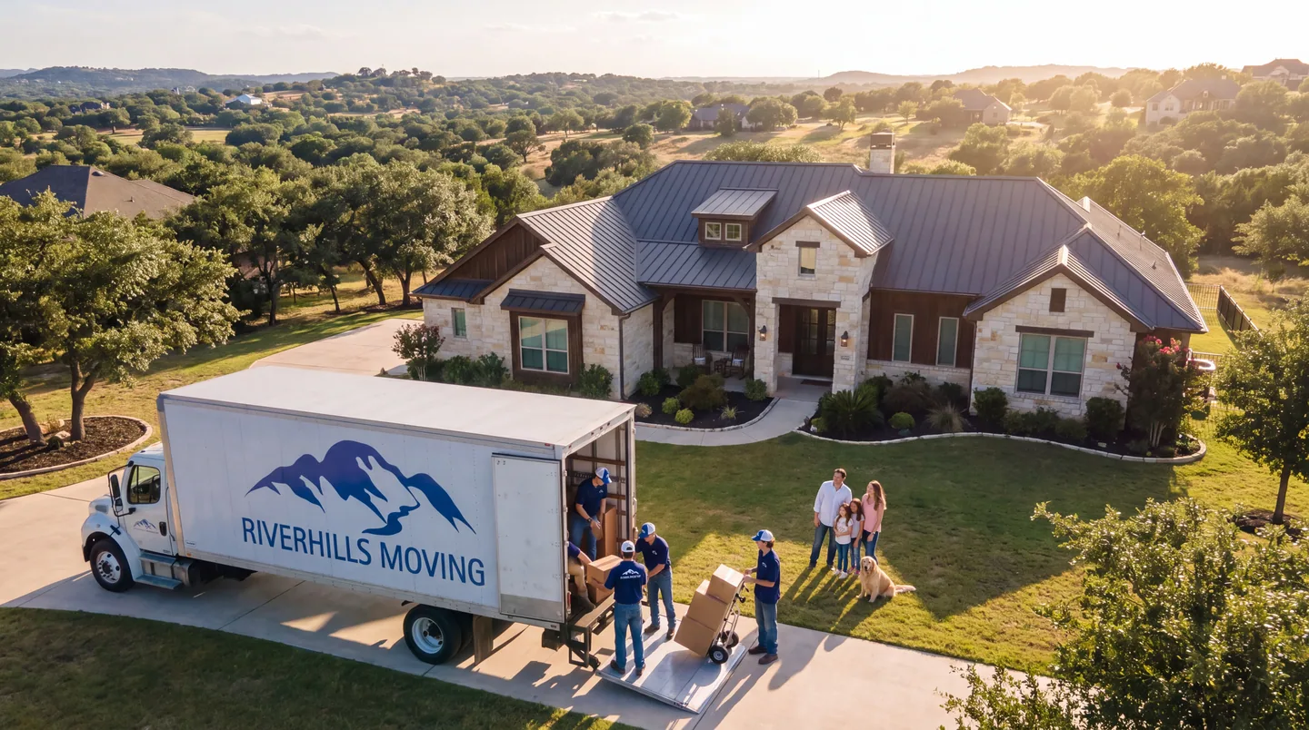 RiverHills Moving crew and branded truck outside a Texas Hill Country home