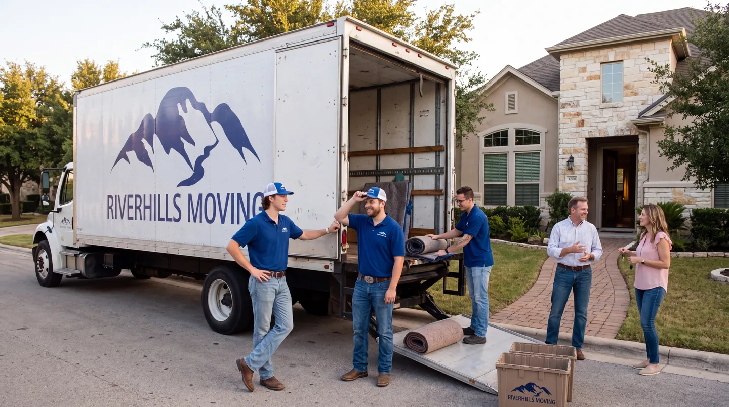 RiverHills Moving crew and customers beside the branded truck in Fair Oaks Ranch