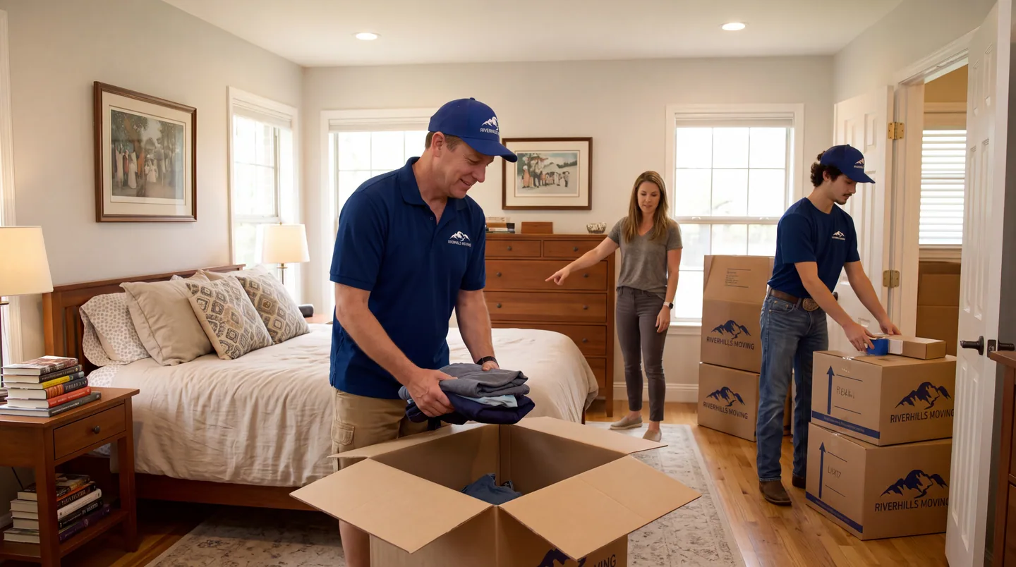 A RiverHills Moving team member wheeling packed moving boxes into a Hill Country home