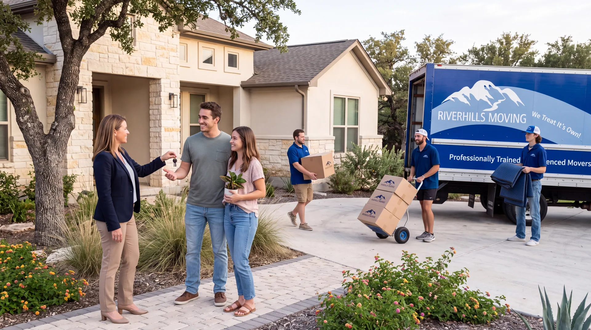 A realtor handing keys to homeowners while the RiverHills Moving crew unloads nearby
