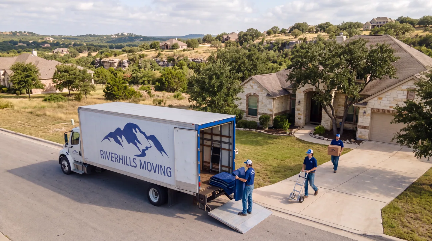 The RiverHills Moving team and branded box truck ready for a Fair Oaks Ranch move